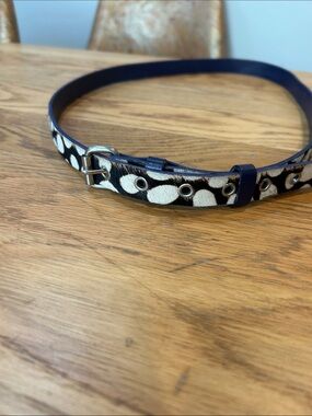 Boden Navy Leather Belt with Black and White Spot Print